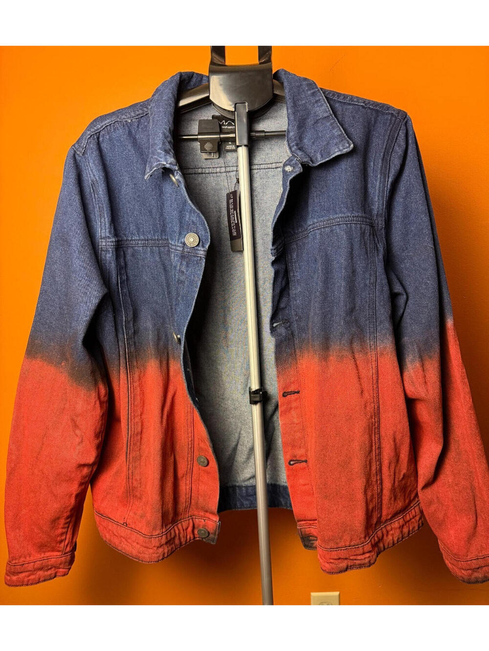 New NWT boohoo man XL denim jacket ombre mens red and blue biker punk
